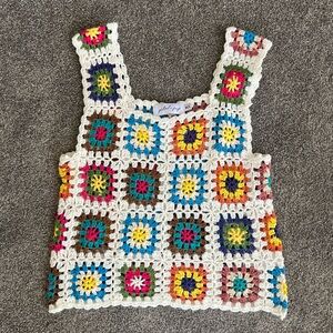 Petal & Pup White Crochet Patchwork Tank Top with Bright Multicolor Squares Med